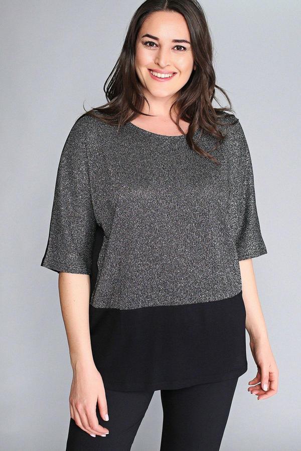 Curvy Trend Gümüş Yarım Kol Simli Altı Bluz - Image 1