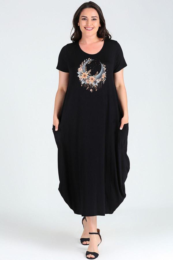 Curvy Trend Büyük Beden Boho Hilal Baskılı Jumbo Kısa Kol Elbise - Image 1