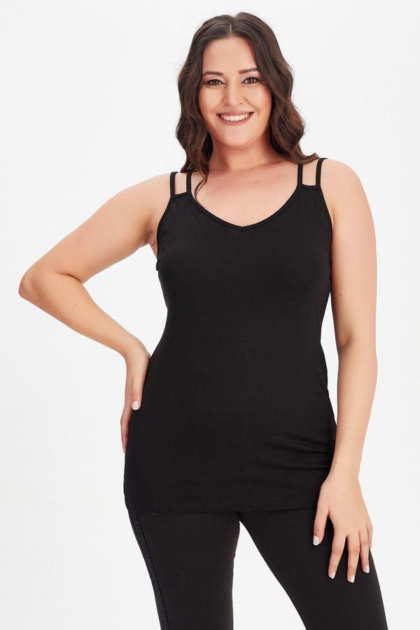 Curvy Trend V Yaka Çift Biye Askılı Atlet Bluz - Image 1