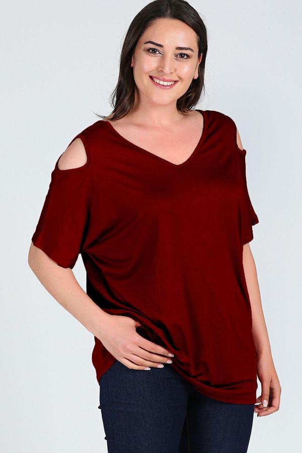 Curvy Trend Büyük Beden Omuzu V Pencere Kısa Kol Bluz - Image 1