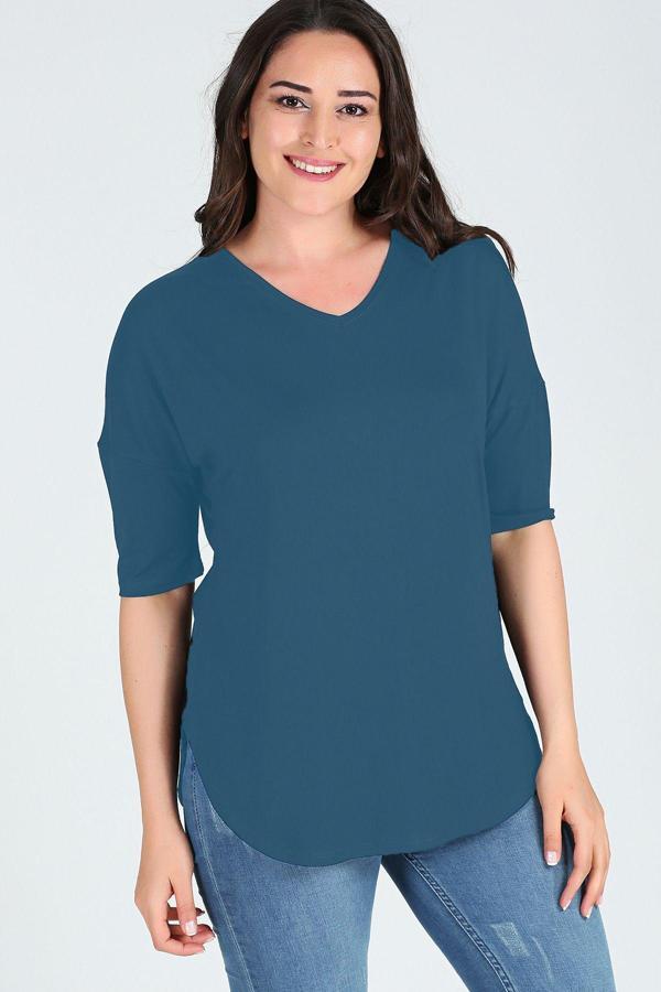 Curvy Trend Büyük Beden Yan Yırtmaç Yarım Kol Bluz - Image 1