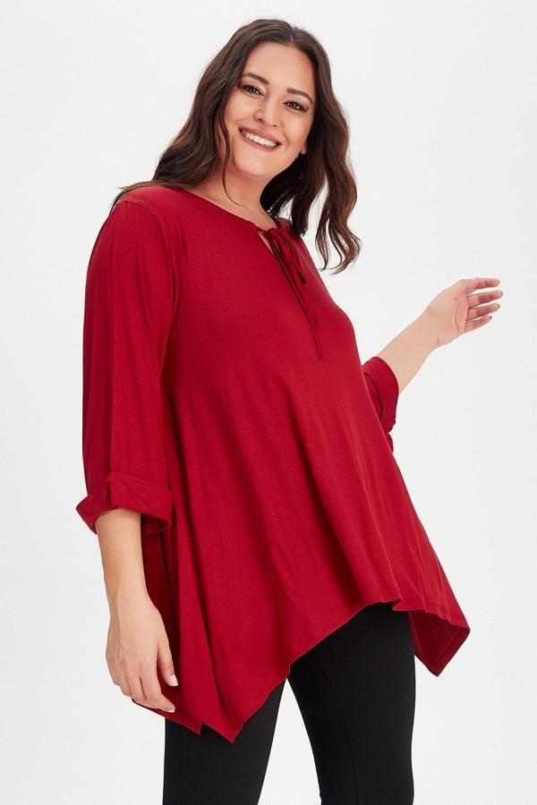 Curvy Trend Büyük Beden Yaka Bağcıklı Kol Katlamalı Yan Yırtmaçlı Tunik - Image 1