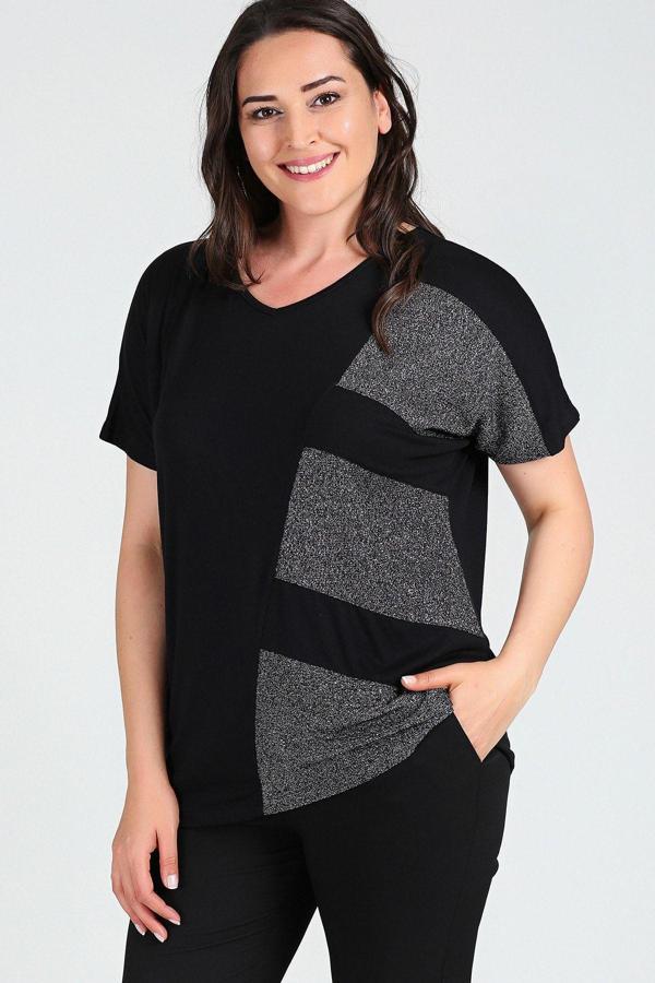 Curvy Trend Büyük Beden Sim Detaylı Kısa Kol Bluz - Image 1