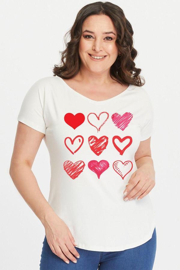 Curvy Trend Büyük Beden Kalpler Baskılı Geniş V Yaka Kısa Kol Oval Yırtmaç Bluz - Image 1