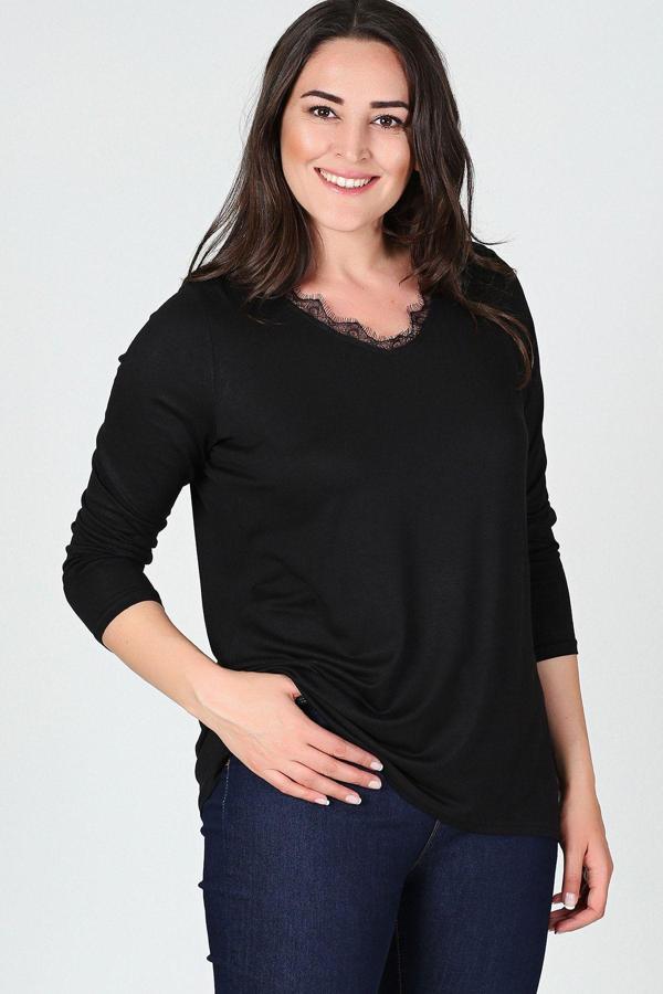 Curvy Trend Yaka Dantel Detaylı Uzun Kol Bluz - Image 1