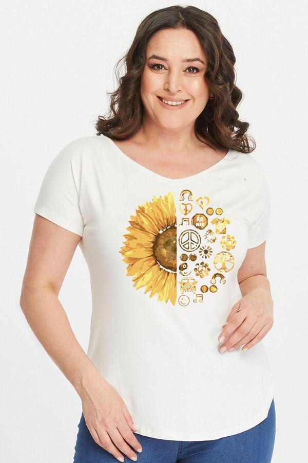 Curvy Trend Büyük Beden Sun Flower Baskılı Geniş V Yaka Kısa Kol Oval Yırtmaç Bluz - Image 1