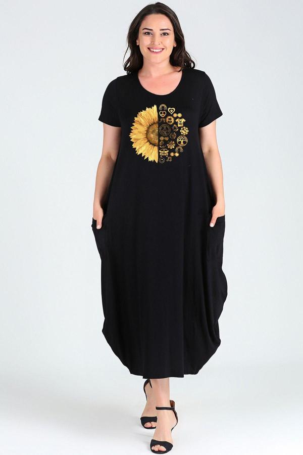 Curvy Trend Büyük Beden Sun Flower Baskılı Jumbo Kısa Kol Elbise - Image 1