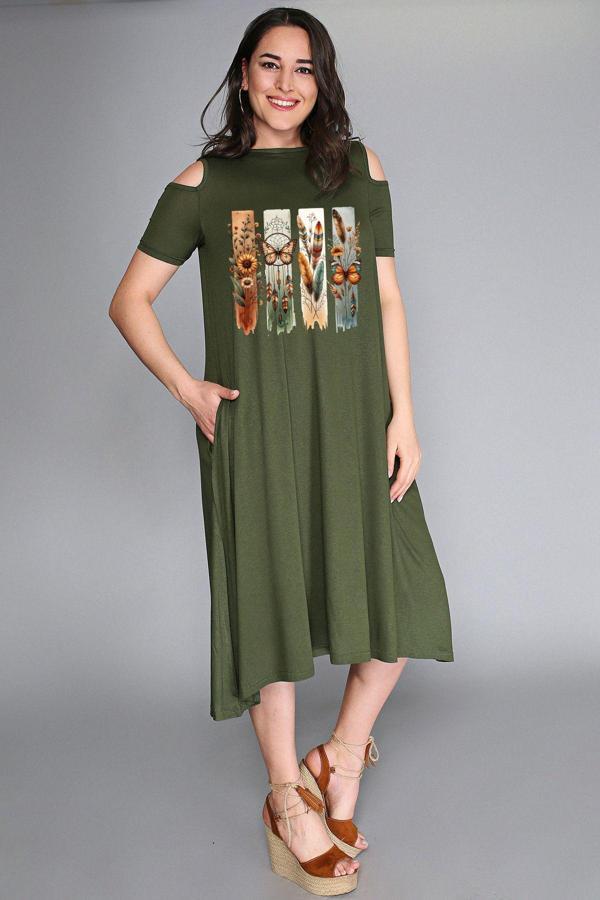 Curvy Trend Büyük Beden Bohem Kelebek Baskılı Omuz Açık Elbise - Image 1