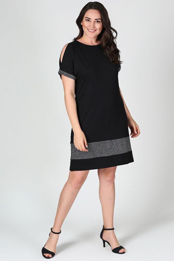 Curvy Trend Büyük Beden Eteği Kol Ucu Simli Elbise - Image 1
