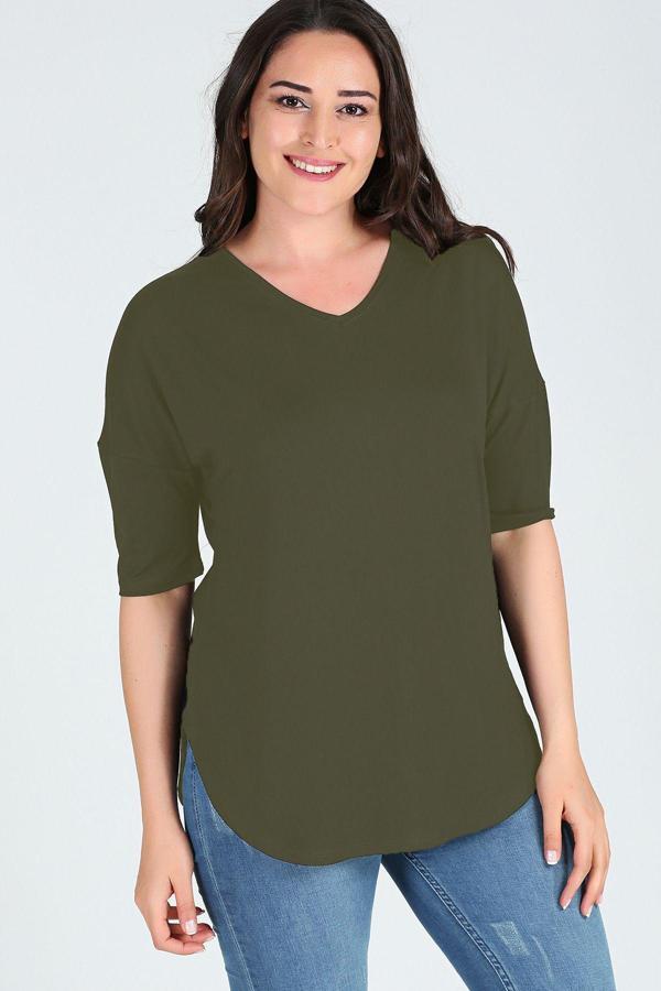 Curvy Trend Büyük Beden Yan Yırtmaç Yarım Kol Bluz - Image 1