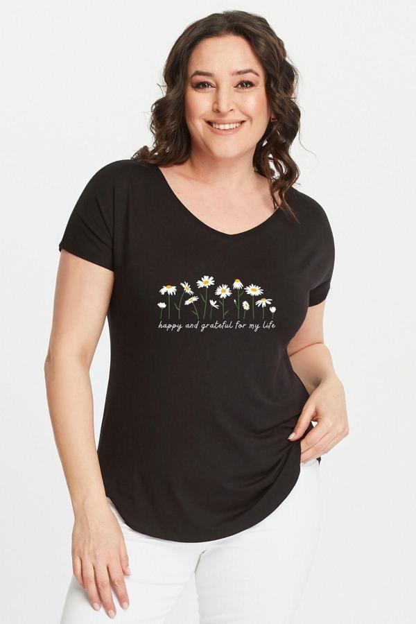 Curvy Trend Büyük Beden Daisies Baskılı Geniş V Yaka Kısa Kol Oval Yırtmaç Bluz - Image 1