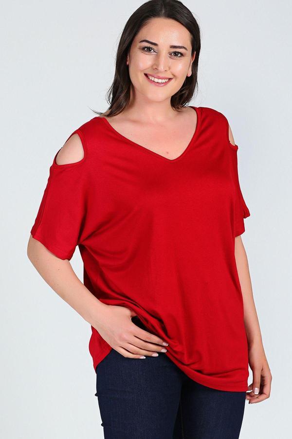 Curvy Trend Büyük Beden Omuzu V Pencere Kısa Kol Bluz - Image 1