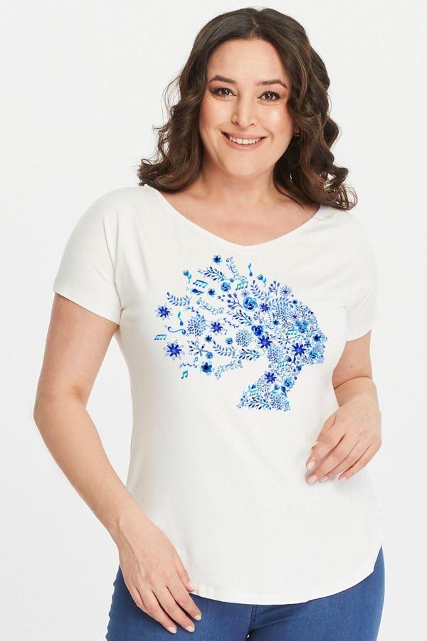 Curvy Trend Büyük Beden Mavi Çiçekli Silüet Baskılı Geniş V Yaka Kısa Kol Oval Yırtmaç Bluz - Image 1