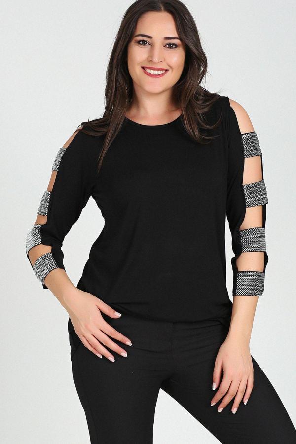Curvy Trend Kolları Gümüş Bantlı Bluz - Image 1