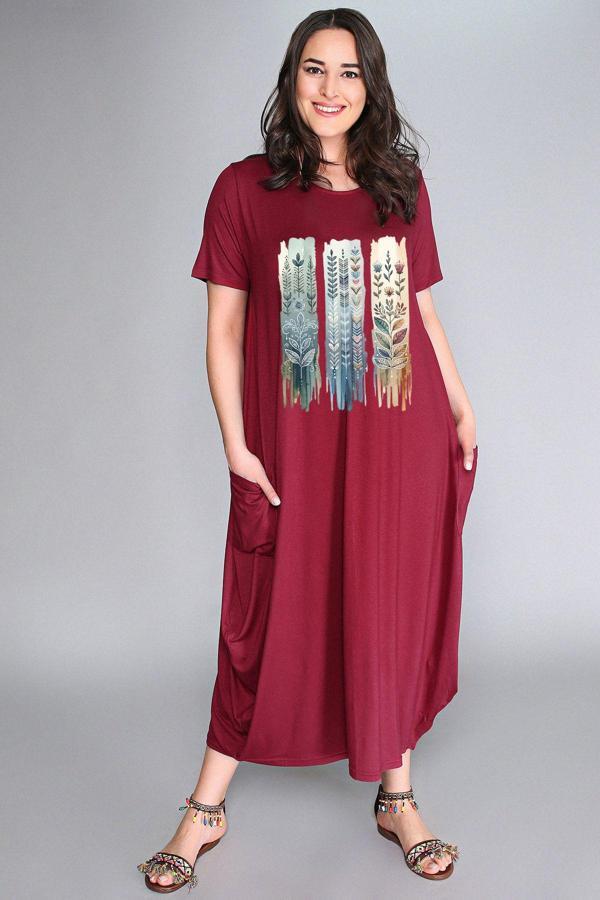 Curvy Trend Büyük Beden Element Baskılı Jumbo Kısa Kol Elbise - Image 1