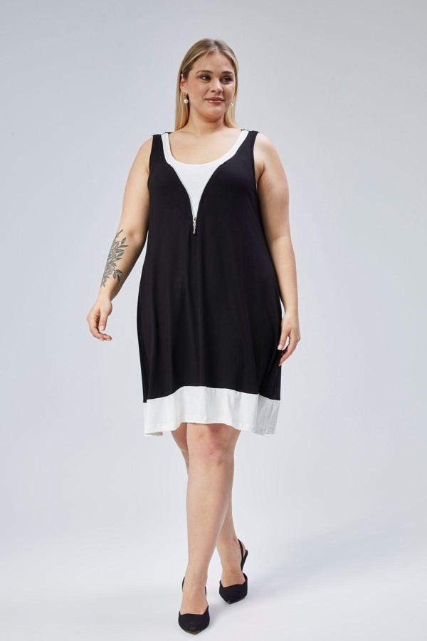 Curvy Trend Büyük Beden Fermuarlı Ekru Kumaş Detaylı Kolsuz Elbise - Image 1