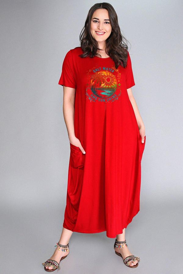 Curvy Trend Büyük Beden Salty Water Baskılı Jumbo Kısa Kol Elbise - Image 1