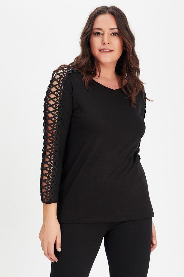 Curvy Trend Büyük Beden Üstü Güpür Uzun Kol Bluz - Image 1