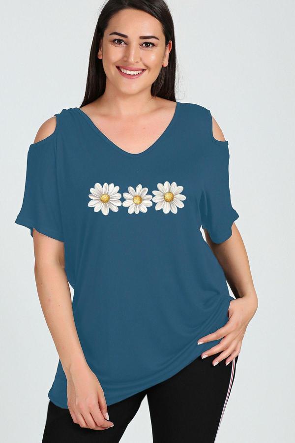 Curvy Trend Büyük Beden Papatya Baskılı Omuzu V Pencere Kısa Kol Bluz - Image 1