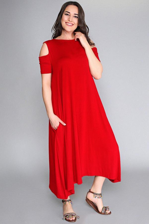 Curvy Trend Omuz Dekolte Viskon Elbise - Image 1