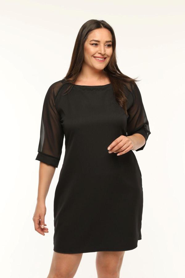 Curvy Trend Büyük Beden Yuvarlak Yaka Şifon Kol Atlas Elbise - Image 1