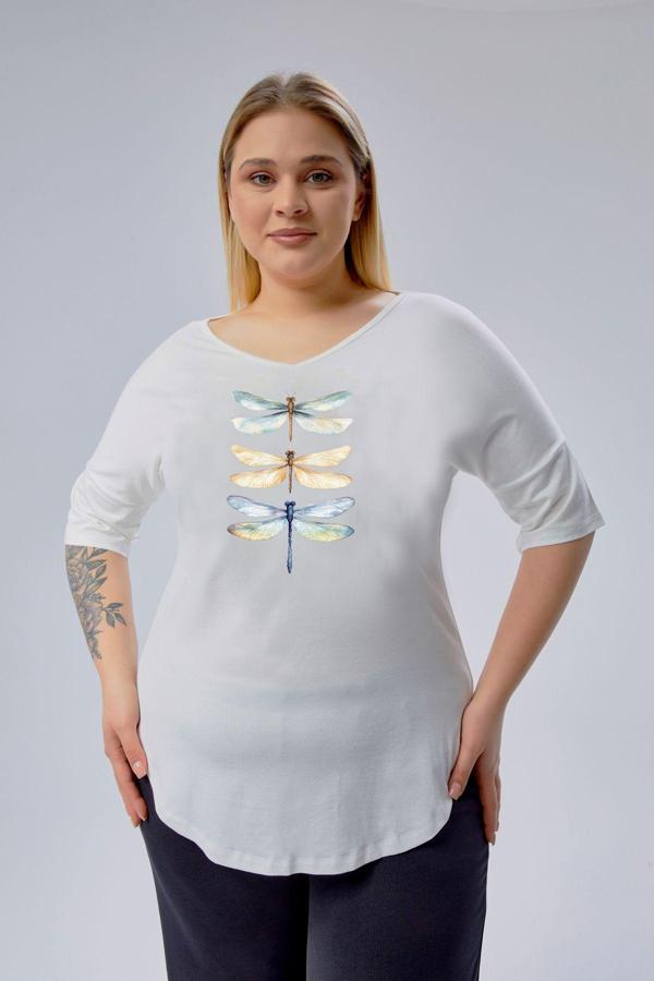Curvy Trend Büyük Beden Dragonfly Baskılı Yarım Kol Yan Yırtmaç Bluz - Image 1