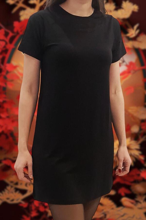 Curvy Trend Regular Fit Kısa Kollu Baskısız Siyah Likralı Pamuk Tişört Elbise - Image 1