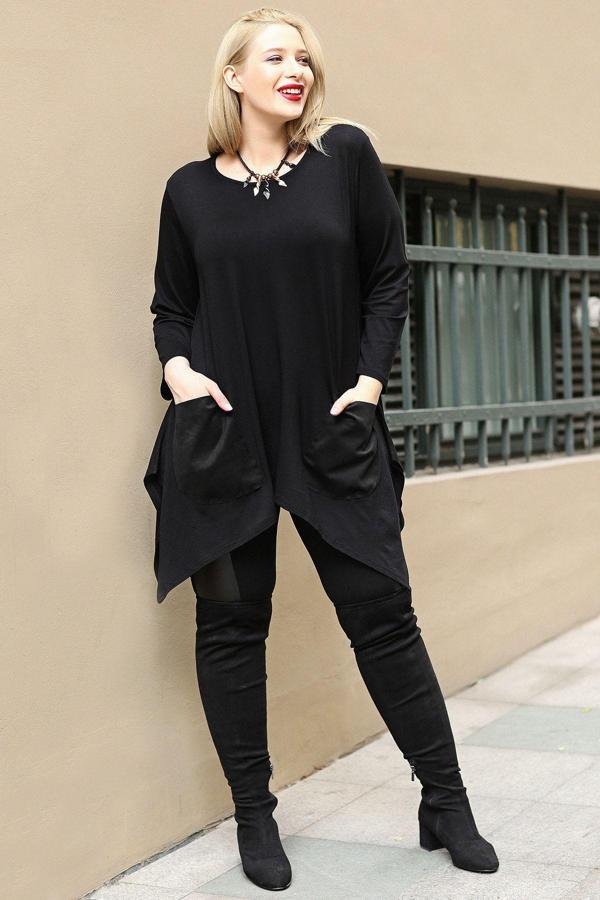 Curvy Trend Büyük Beden Ön Cepli Yırtmaçlı Uzun Kol Tunik - Image 1