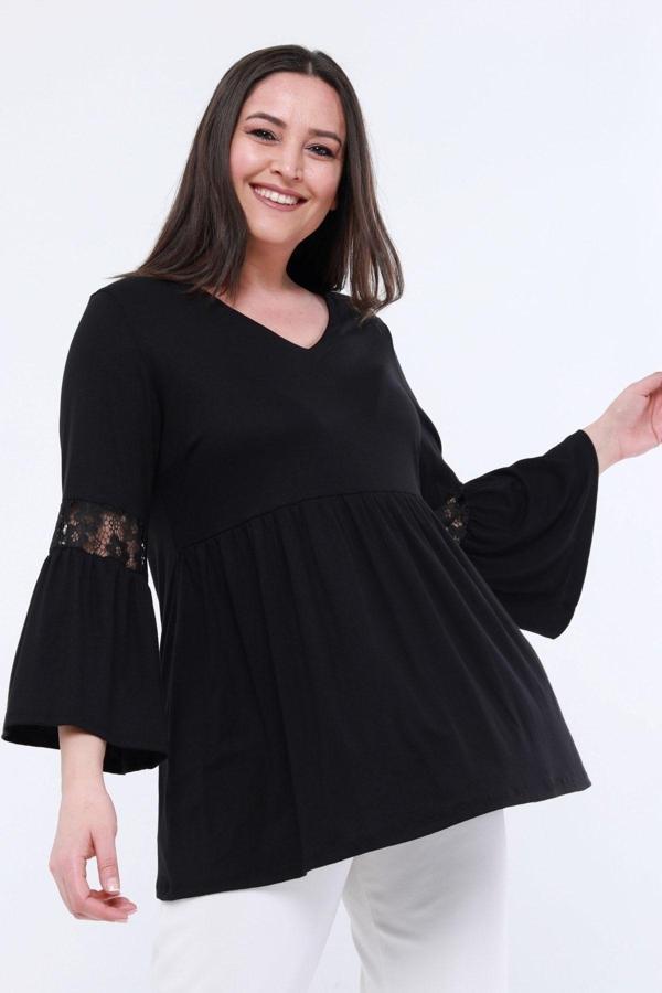 Curvy Trend Büyük Beden Dantel Detaylı Ispanyol Kol Tunik - Image 1