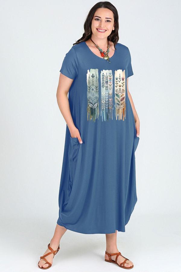 Curvy Trend Büyük Beden Element Baskılı Jumbo Kısa Kol Elbise - Image 1