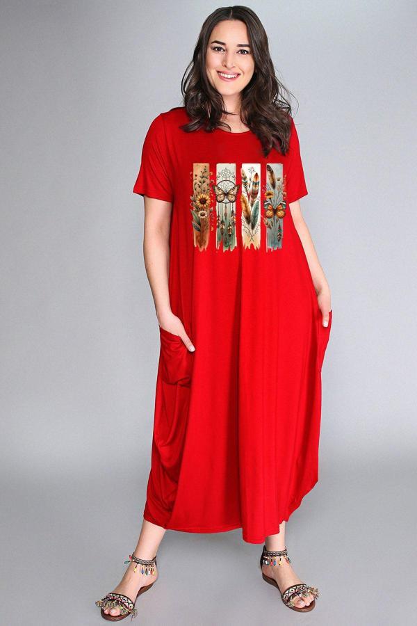 Curvy Trend Büyük Beden Bohem Kelebek Baskılı Jumbo Kısa Kol Elbise - Image 1