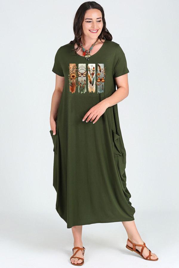 Curvy Trend Büyük Beden Bohem Kelebek Baskılı Jumbo Kısa Kol Elbise - Image 1