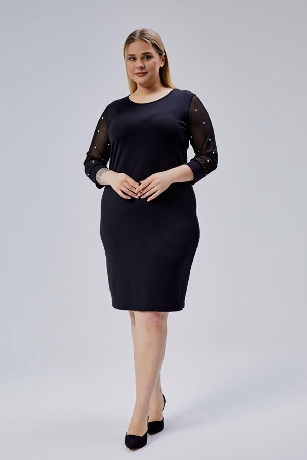Curvy Trend Büyük Beden İnci Detaylı Tül Kol Esnek Krep Elbise - Image 1