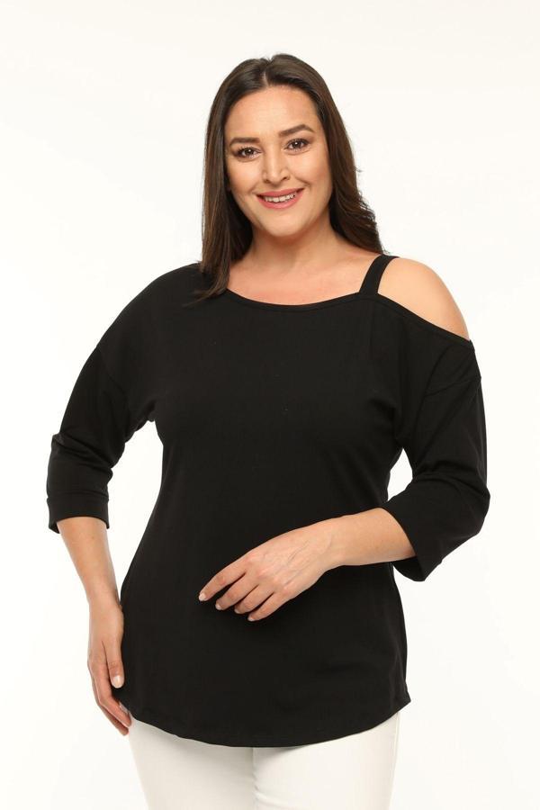 Curvy Trend Büyük Beden Asimetrik Tek Omuz Bant Detaylı Bluz - Image 1
