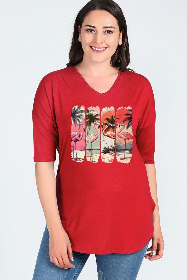 Curvy Trend Büyük Beden Flamingo Baskııl Yarım Kol Yan Yırtmaç Bluz - Image 1