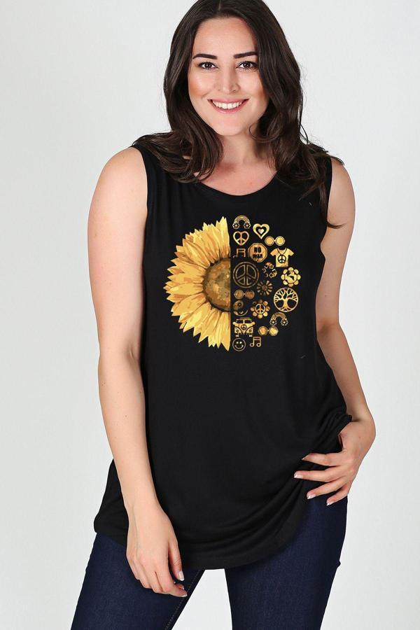 Curvy Trend Büyük Beden Sun Flower Baskılı Kolsuz Viskon Basic Bluz - Image 1