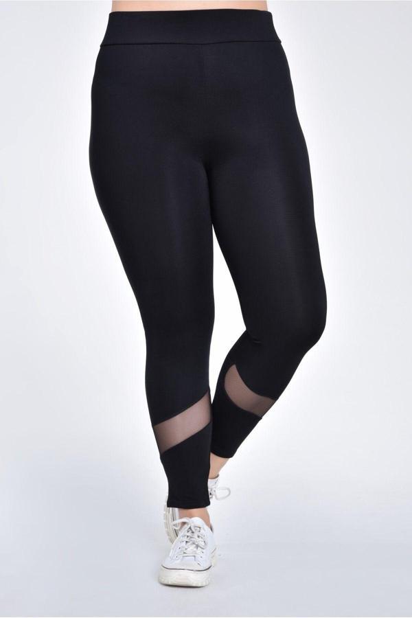 Curvy Trend Büyük Beden Yüksek Bel Paça Verev Tül Tayt - Image 1