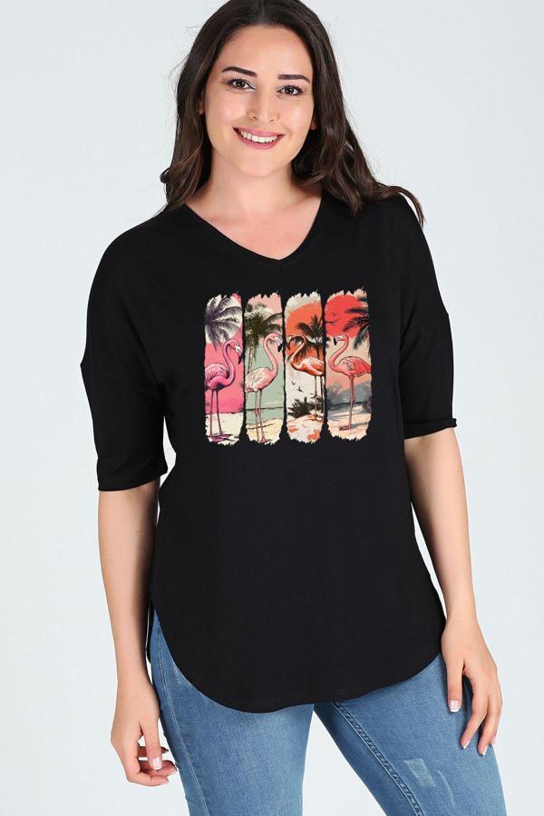 Curvy Trend Büyük Beden Flamingo Baskııl Yarım Kol Yan Yırtmaç Bluz - Image 1