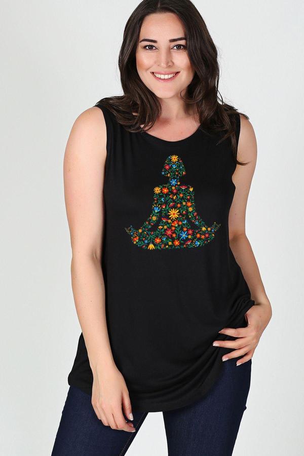 Curvy Trend Büyük Beden Çiçek Yoga Baskılı Kolsuz Viskon Basic Bluz - Image 1