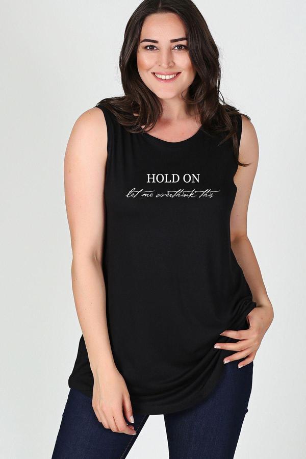 Curvy Trend Büyük Beden Overthink Baskılı Kolsuz Viskon Basic Bluz - Image 1