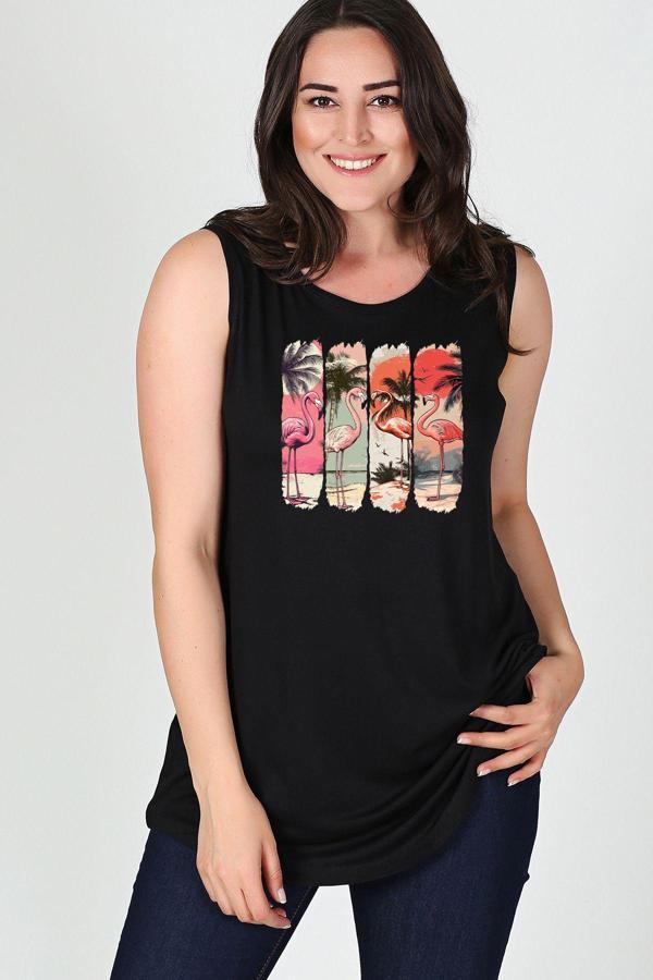 Curvy Trend Büyük Beden Flamingo Baskılı Kolsuz Viskon Basic Bluz - Image 1