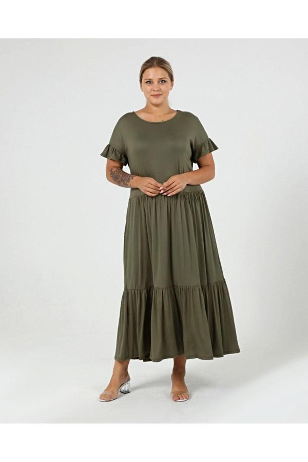 Curvy Trend Büyük Beden Büzgülü Blok Fırfır Kol Elbise - Image 1