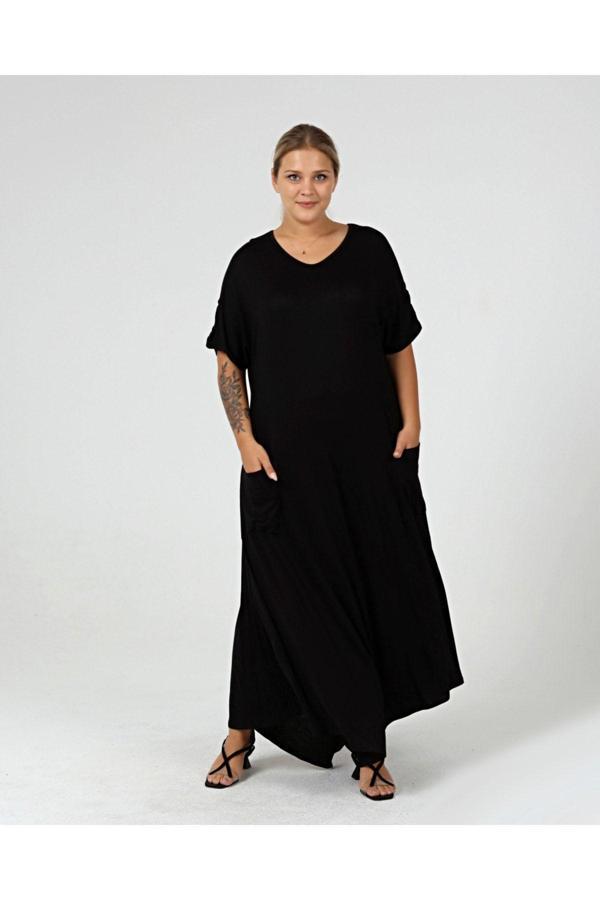 Curvy Trend Büyük Beden Etek Verev Uç Cepli Maksi Elbise - Image 1