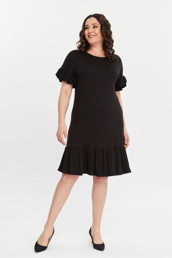 Curvy Trend Büyük Beden Kolucu Eteği Fırfır Viskon Elbise - Image 1
