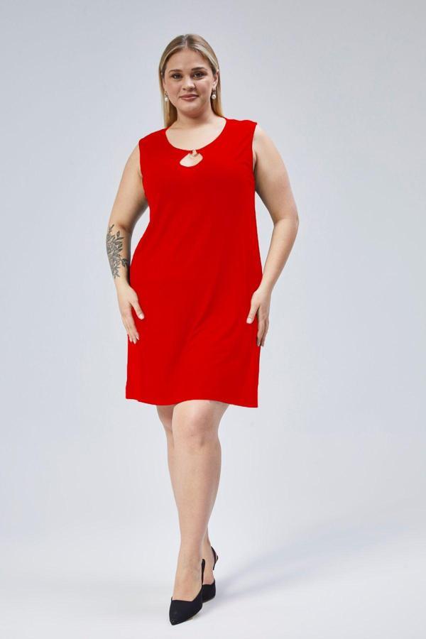 Curvy Trend Büyük Beden Halka Detaylı Kolsuz Viskon Elbise - Image 1