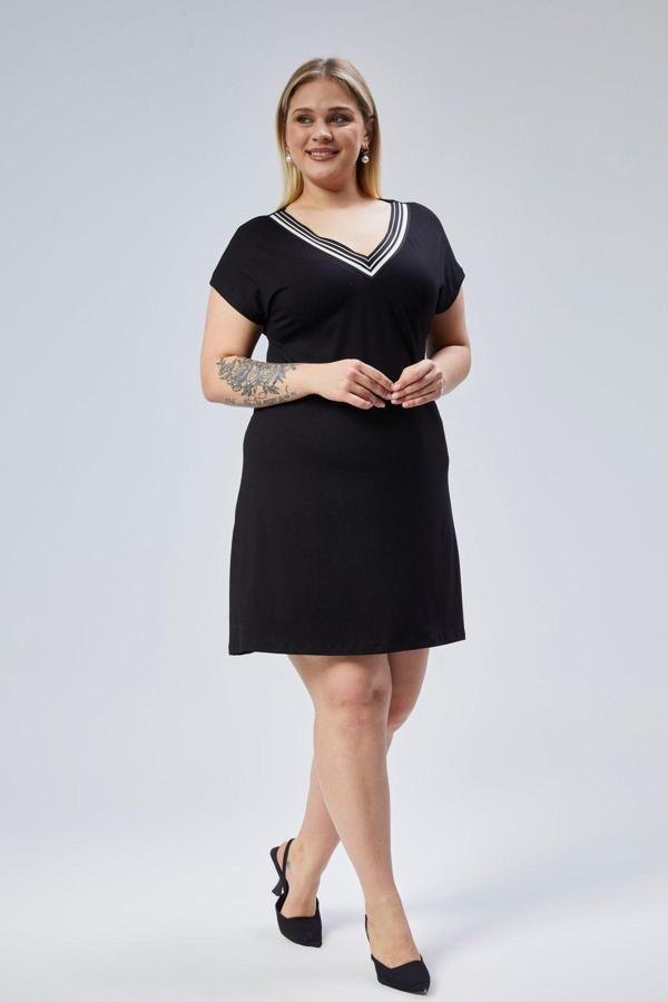 Curvy Trend Büyük Beden Yaka Şerit Kısa Kol Viskon Elbise - Image 1