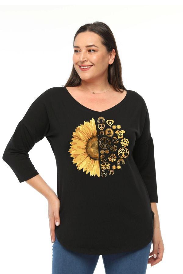 Curvy Trend Büyük Beden Sun Flower Baskılı Geniş V Yaka Yarım Kol Oval Yırtmaç Bluz - Image 1