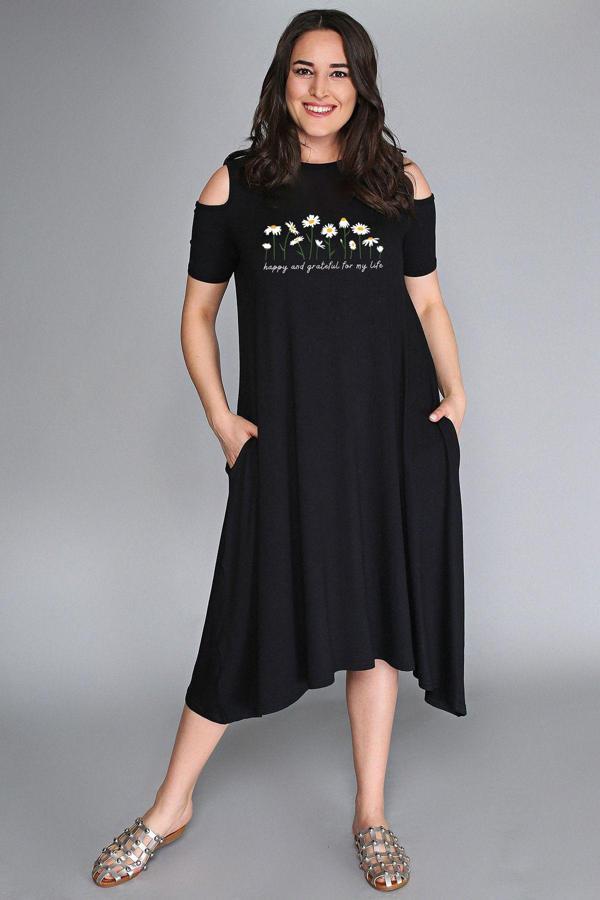 Curvy Trend Büyük Beden Daisies Baskılı Omuz Açık Elbise - Image 1