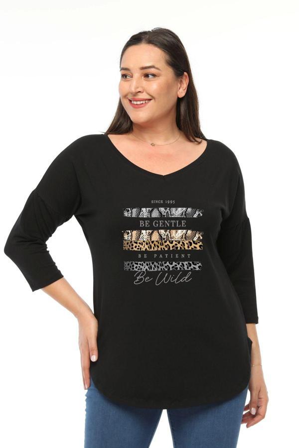 Curvy Trend Büyük Beden Be Gentle Baskılı Geniş V Yaka Yarım Kol Oval Yırtmaç Bluz - Image 1
