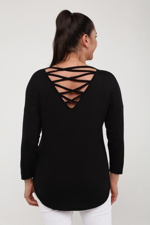 Curvy Trend Sırt Örgü Biyeli Yan Yırtmaç Uzun Kol Bluz - Image 1
